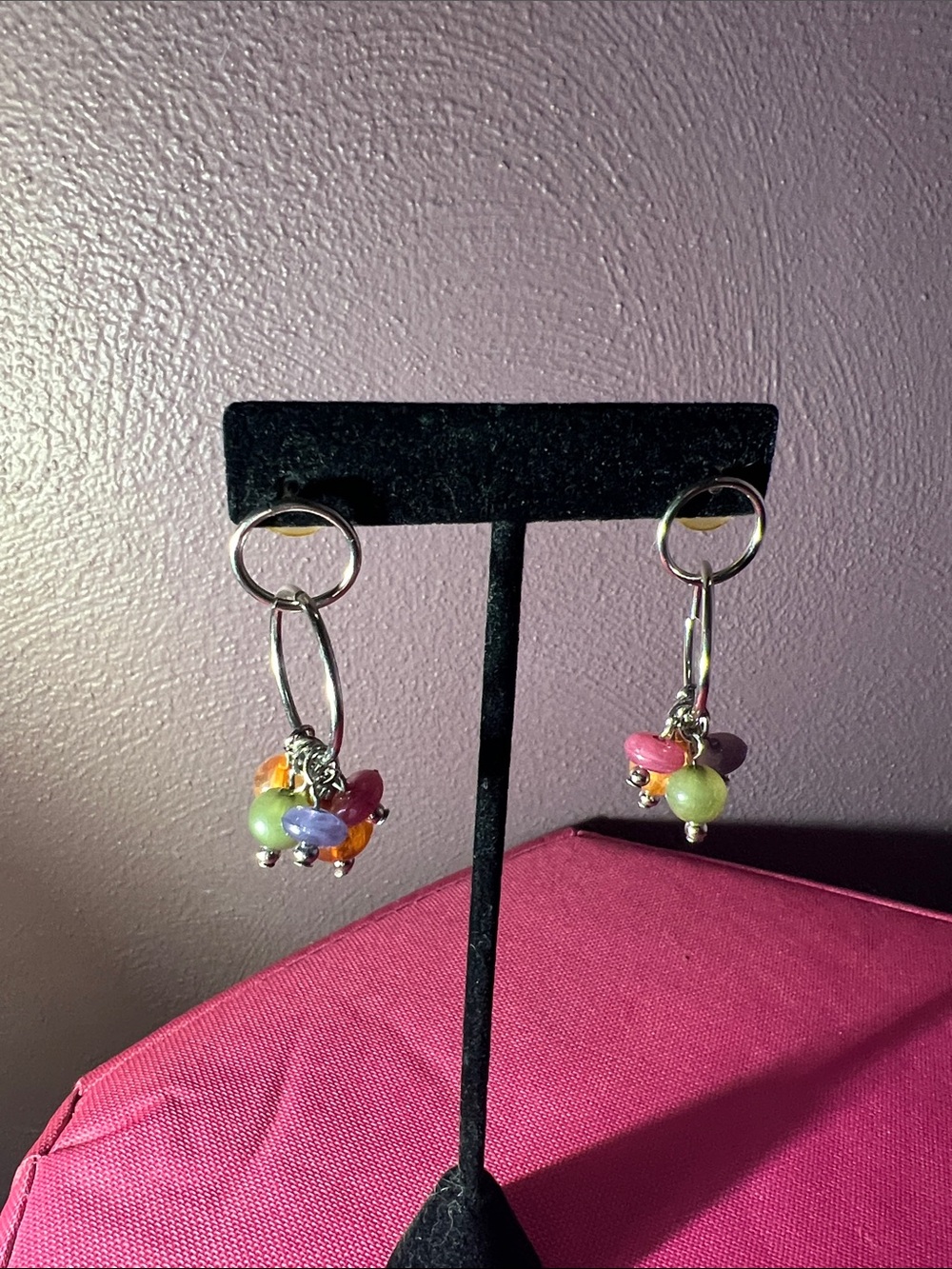 Vintage Multicolor Bead Hoop Earrings - Pink, Green, Orange, Purple, Blue